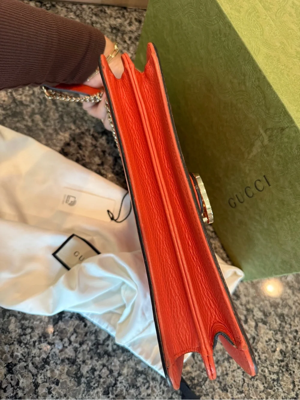 Gucci Coral Leather Chain Shoulder Bag with Gold Hardware